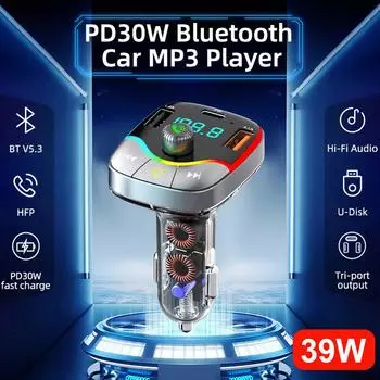 Bluetooth 5.3 FM-передатчик Handsfree автомобильный радиомодулятор PD+3.1A Двойное зарядное устройство для телефона USB Быстрая зарядка RGB USB AUX Музыкальный комплект