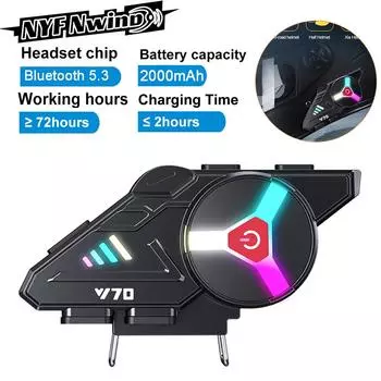 Bluetooth 5.3 Наушники для шлема Y70 RGB Light Moto Helmet Headset IPX6 Водонепроницаемая поддержка для подключения двух телефонов одновременно