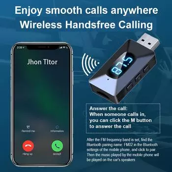 Bluetooth 5.4 аудио приемник 3.5 мм AUX FM передатчик TF карта воспроизведения музыки комплект громкой связи беспроводной для автомобильного радио MP3 динамик чёрный