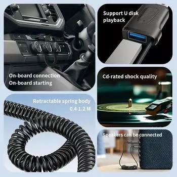 Bluetooth 5.4 автомобильный аудиоадаптер 3,5 мм AUX беспроводной музыкальный приемник с микрофоном Hands-free U-Disk Play для усилителя динамик автомобильный комплект чёрный