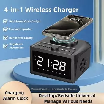 Bluetooth-динамик 3-в-1 с двойным будильником, беспроводной зарядкой, входами AUX и USB - мощность 10 Вт, Bluetooth 5.3, светодиодный дисплей, портативный черный чёрный