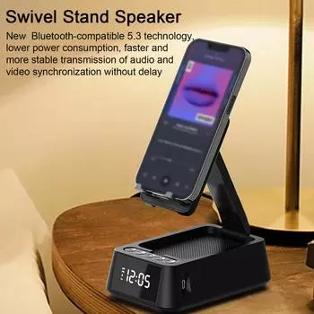 Bluetooth-динамик с подставкой для телефона, светодиодным дисплеем, звуком будильника, многофункциональный динамик прохладный черный