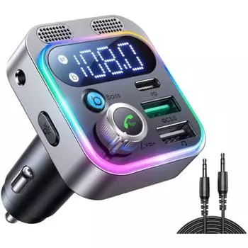 Bluetooth FM-передатчик Автомобильный Aux Hands Free Обновление автомобиля Bluetooth 5.3 Глубокий бас Hi-Fi Звук Qc3.0 и Pd3.0 Быстрая зарядка до 48 Вт Поддержка USB-памяти 5x5x8cm