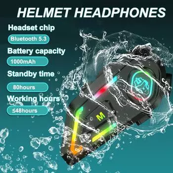 Bluetooth-гарнитура для мотоциклетного шлема BT 5.3 с голосовым управлением, беспроводной музыкальный плеер, водонепроницаемые наушники емкостью 1000 мАч с подсветкой