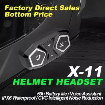 Bluetooth-гарнитура для мотоциклетного шлема X-11 с голосовым помощником Siri, срок службы батареи 50 ч, водонепроницаемость IPX6, шумоподавление CVC, комплект из двух микрофонов для полного/половинного использования синий