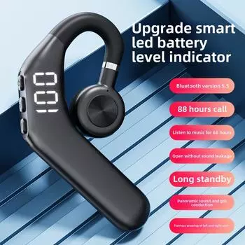 Bluetooth-гарнитура с одним ухом, воздушная проводимость, не в ухо, висячее ухо, цифровой дисплей, движение, можно вращать, бизнес Single earphone чёрный