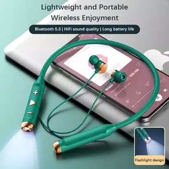 Bluetooth-гарнитура с шейным ремешком и фонариком, водонепроницаемые музыкальные наушники для бега, бега, спорта, поддержка TF-карты чёрный