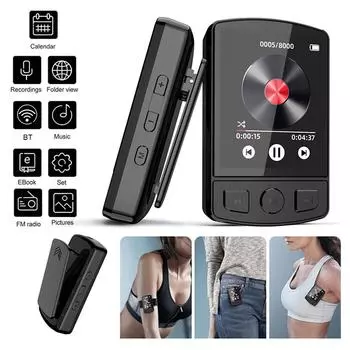 Bluetooth MP3-плеер Портативный спортивный клип Walkman 1,8-дюймовый экран HiFi музыкальный плеер Поддержка FM-радио Электронная книга Диктофон Часы TF карта