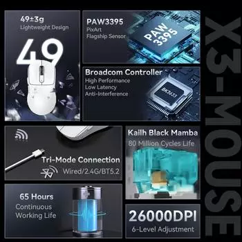 Bluetooth-мышь Attack Shark X3, PixArt PAW3395, 26000 точек на дюйм, беспроводное трехрежимное соединение 2,4 ГГц, легкая игровая мышь для макросъемки