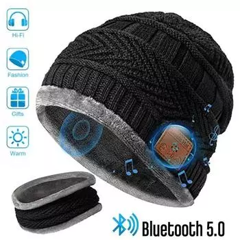 Bluetooth-шапка-бини с шарфом Bluetooth-аккумуляторная вязаная шапка с беспроводной головной убор Hands Free Зимний инструмент для бега для мужчин и женщин чёрный