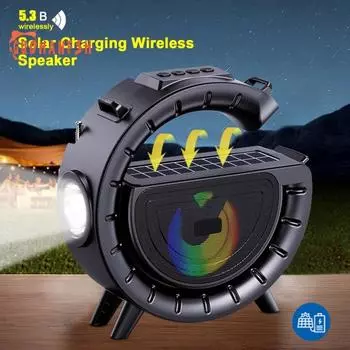 Bluetooth-совместимый динамик с солнечной зарядкой, музыкальным плеером, фонариком и FM-радио — незаменимый помощник для кемпинга на открытом воздухе чёрный