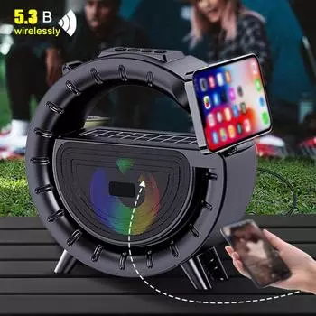 Bluetooth-совместимый динамик с солнечной зарядкой, музыкальный плеер с фонариком, FM-радио для кемпинга на открытом воздухе чёрный