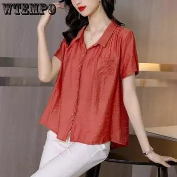 Blusas Блузки Femme Топы Женская блузка с отложным воротником Женская летняя белая блузка с коротким рукавом Шифоновая блузка Рубашка M жёлтый
