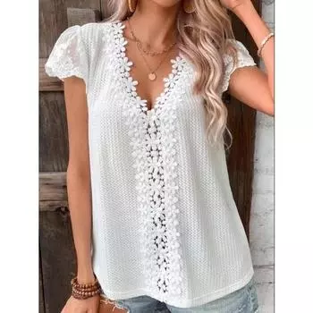 Blusas, летняя кружевная однотонная повседневная футболка с короткими рукавами, женская свободная рубашка, женская футболка с v-образным вырезом, повседневный однотонный топ 28332 S белый