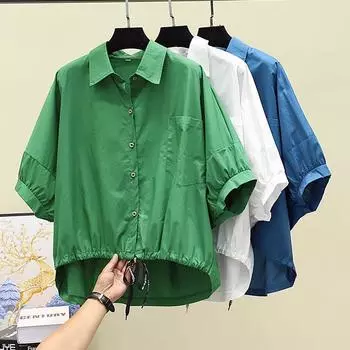 Blusas Летняя рубашка с рукавом «летучая мышь» Женская свободная повседневная короткая блузка с подолом и талией Однотонные укороченные топы Полубелые рубашки для женщин 3XL