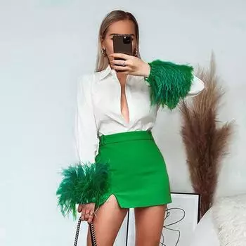 blusas mujer de moda 2022, летние топы, женские рубашки, женские белые рубашки с мехом, блузки, топы, шикарная женская блузка с длинными рукавами S зелёный