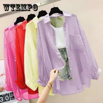 Blusas Mujer с длинным рукавом, защита от солнца, однобортные рубашки с отложным воротником, топы, весенне-летняя женская бандажная блузка XXXL