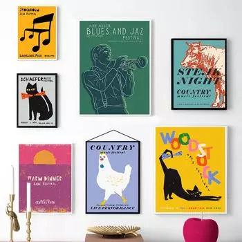Блюз Джаз Кот Фестиваль кантри-музыки Петух Крупный рогатый скот Животное Танец Плакат Принт Suona Ретро Музыка Холст Картина Комната Домашний Декор 21x30cm No Framed