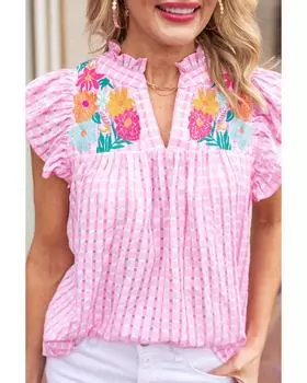 Блуза Azura Exchange в клетку с рюшами на рукавах и цветочной вышивкой L розовый