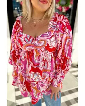 Блуза бэбидолл Azura Exchange красного цвета больших размеров с цветочным принтом и вырезом в форме сердца 2X красный