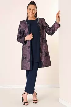 Блуза без рукавов и жаккардовый длинный жакет на подкладке с каменным воротником, брюки большого размера, комплект из 3 предметов