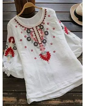 Блуза больших размеров с цветочной вышивкой, повседневная блузка с круглым вырезом и короткими рукавами на весну, женская одежда больших размеров 1XL белый