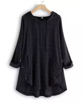 Блуза больших размеров с клетчатым узором и пуговицами, повседневная блузка с капюшоном и длинными рукавами на весну и осень, женская одежда больших размеров 1XL чёрный