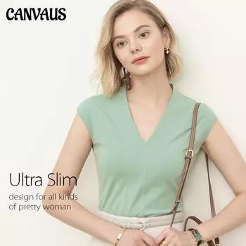 Блуза Canvaus с короткими рукавами и v-образным вырезом, летняя женская корейская версия черной тонкой рубашки с модной футболкой для женщин