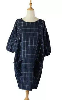 Блуза каппо с рукавами-фонариками из холщовой ткани (Сетчатый узор, темно-синий)