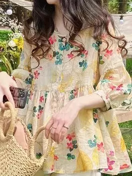 Блуза на пуговицах с цветочным принтом, элегантная блузка с короткими рукавами и рюшами, женская одежда S
