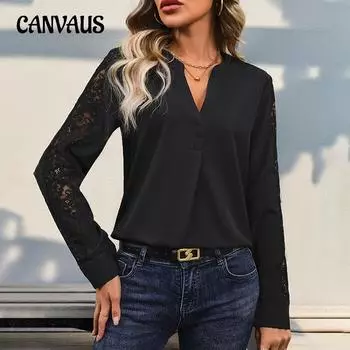 Блуза с длинными рукавами и воротником-стойкой. Весенне-осенний женский пуловер с v-образным вырезом, кружевная рубашка. S чёрный