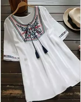 Блуза с круглым вырезом больших размеров с цветочным узором, повседневная блузка с короткими рукавами на весну и лето, женская одежда больших размеров 2XL белый