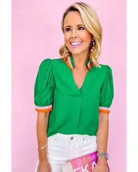 Блузка Azura Exchange ярко-зеленого цвета с V-образным вырезом и короткими рукавами L ярко-зеленый