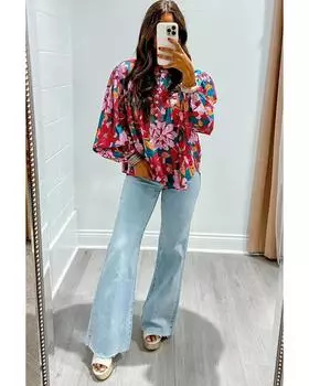 Блузка Azura Exchange Red с цветочным принтом и рукавами-фонариками на пол-пуговицы L красный