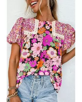 Блузка Azura Exchange Rose Red с рукавами-фонариками, кружевной отделкой и цветочным принтом L розы красного