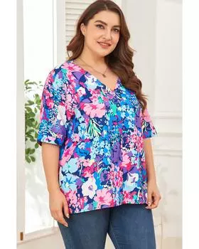 Блузка Azura Exchange с цветочным принтом и рукавом «летучая мышь» и V-образным вырезом 1X разноцветный