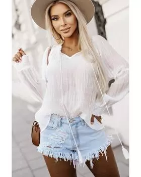 Блузка Azura Exchange с разрезом на горловине, рукавами-епископами и присборенными манжетами M белый