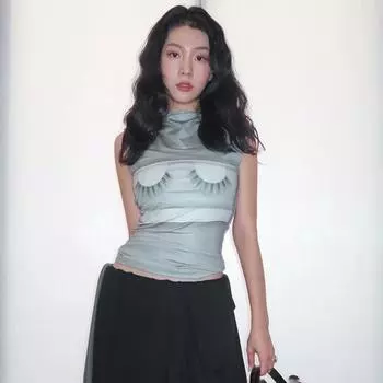 Блузка без рукавов с принтом ресниц, круглый вырез, женская блузка для похудения S синий