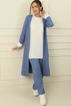 Блузка без рукавов со складками на рукавах, длинная куртка, брюки, комплект из 3 предметов