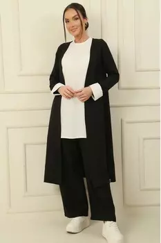 Блузка без рукавов со складками на рукавах, длинная куртка, брюки, комплект из 3 предметов