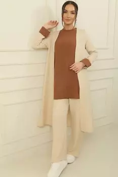 Блузка без рукавов со складками на рукавах, длинная куртка, брюки, комплект из 3 предметов