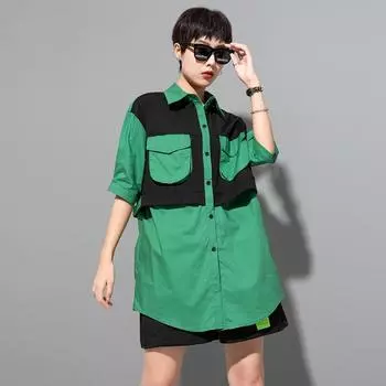 Блузка больших размеров, новая летняя повседневная рубашка, женская, пэчворк, женская свободная рубашка, зеленая M зелёный