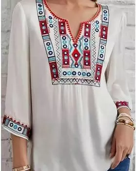 Блузка больших размеров с этническим принтом и вырезом на горловине, блузка в стиле отпуска с рукавом 3/4 на весну и лето, женская одежда больших размеров 1XL белый