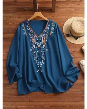 Блузка больших размеров с цветочной вышивкой, блузка с длинными рукавами и V-образным вырезом для отпуска на весну и лето, женская одежда больших размеров 1XL синий
