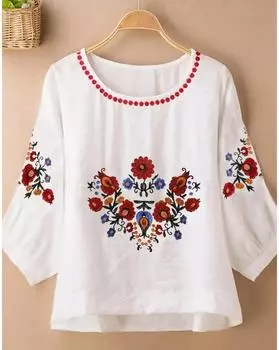 Блузка больших размеров с цветочной вышивкой, повседневный топ с круглым вырезом на весну, женская одежда больших размеров 1XL белый