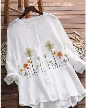 Блузка больших размеров с цветочным принтом, повседневная блузка с длинными рукавами и пуговицами на весну, женская одежда больших размеров 1XL белый