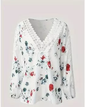 Блузка больших размеров с цветочным принтом, кружевной отделкой и V-образным вырезом, повседневная блузка с длинным рукавом для весны и осени, женская одежда больших размеров 1XL белый