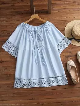 Блузка больших размеров с кружевной отделкой и завязкой спереди, блузка с коротким рукавом для отпуска на весну и лето, женская одежда больших размеров 1XL синий