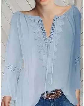 Блузка больших размеров с кружевной отделкой и завязкой на шее, блузка с длинным рукавом в стиле отпуска для весны и осени, женская одежда больших размеров 1XL синий