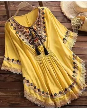 Блузка больших размеров с кружевной отделкой и завязками спереди, повседневная блузка с рукавами «летучая мышь» на весну и лето, женская одежда больших размеров 1XL жёлтый